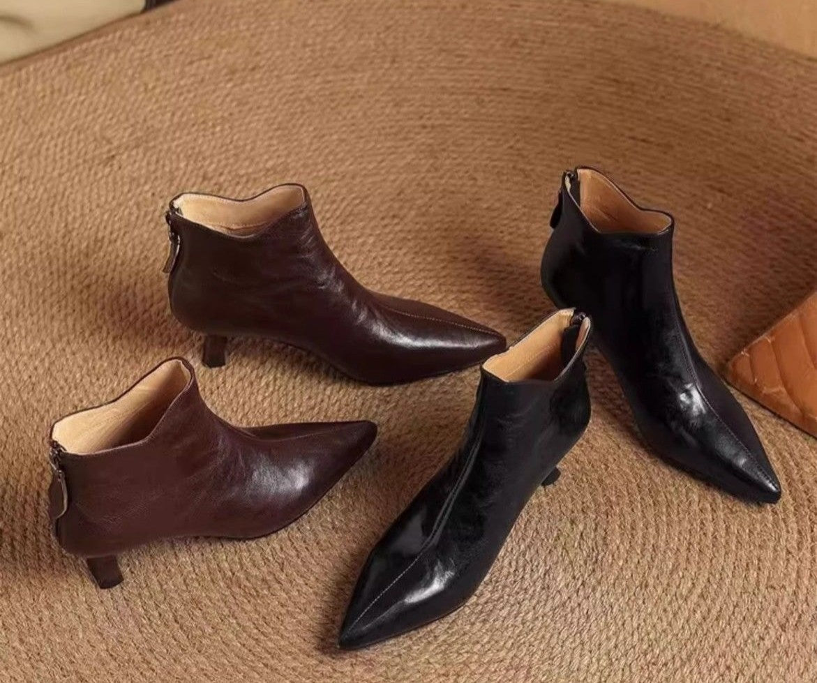 Elegant with Medium Heels Booties Autumn Winter Fleece-Lined Female Short Shoes Pointed Toe Leather Chelsea Women's Ankle Boots