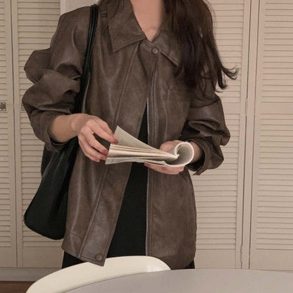 Sli Loose PU Leather Jaet Women's Chic Retro Collar Versatile BF Sle Motorcycle Clothes Trendy Long Sve Zipper