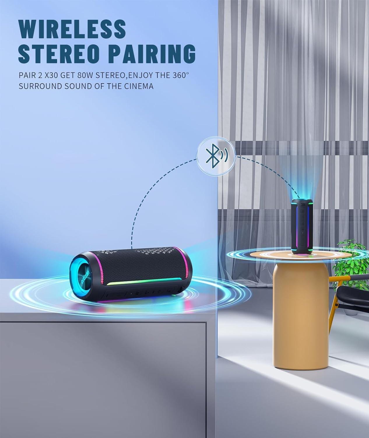 Ortizan X30 Caixa de Som Bluetooth Portátil Bluetooth 5.3 Caixa de Som Sem Fio com Som Estéreo Alto HD de 40W e Luzes RGB Coloridas AUX