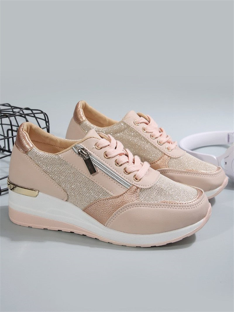 Fashion Thick Bottom Silver Sneakers Women 2025 Spring Wedge Heel Vulcanized Shoes Woman Comfortable Lace Up Sport Sneaker Mujer