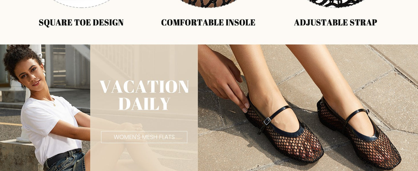 Women‘s Mesh Ballet Flats Comfortable Square Toe Ballerina Flats Buckle Strap Casual Fishnet Flat Shoes