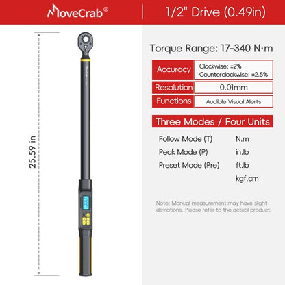 Chave de Torque Digital MoveCrab 0.6-340Nm ±2% Alta Precisão Catraca Bidirecional Alarme Sonoro e LED para Medição de Precisão