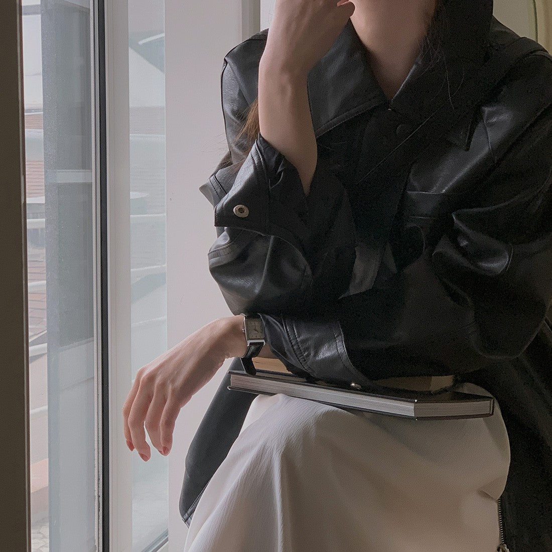 Sli Loose PU Leather Jaet Women's Chic Retro Collar Versatile BF Sle Motorcycle Clothes Trendy Long Sve Zipper