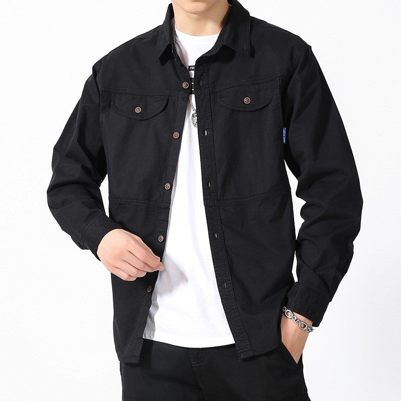 Men Slim Fit Turn-Down Collar Loose Cargo Shrit Spring Autumn Casual Wash Cotton Safari Style Jacket with Multiple Pockets Coat