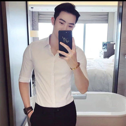 Korean Fashion Trend Casual Elastic Design Sense Short Sleeve Shirt Men's Solid Lapel Collar Button Breathable Simple Slim Tops
