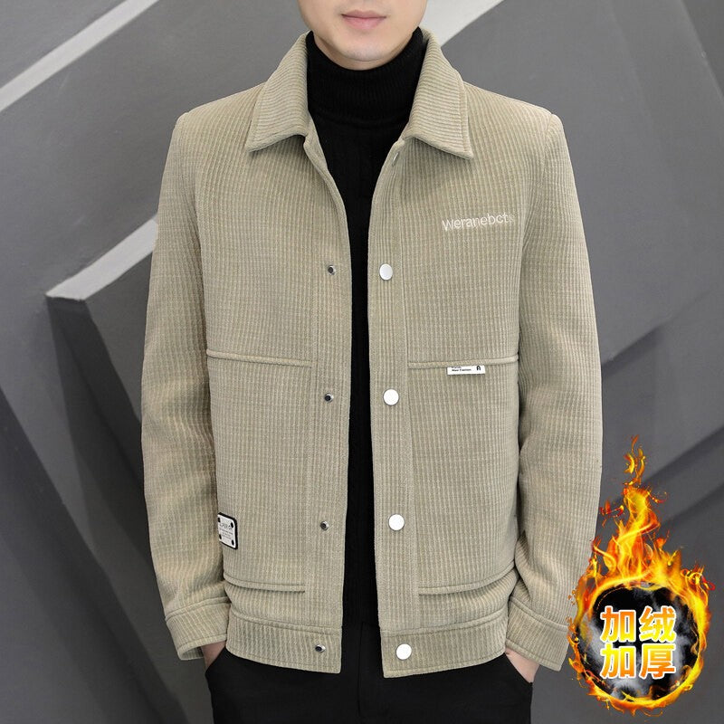 Men's Fleece-Lined Thickened Warm Casual Jacket New Turn-Down Collar Trendy Short Wool Coat Woolen Overcoat
