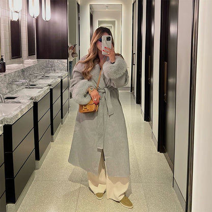 Elegant Faux Fur Cuffs Woolen Coat With Belt For Women Fashion Lapel Long Sleeve Lace Up Maxi Jacket Lady 2025 Autumn Outerwear