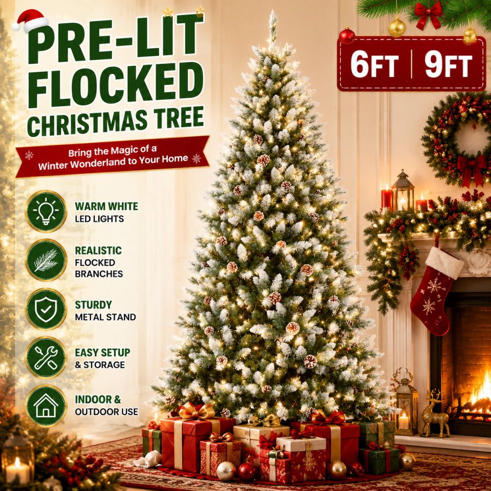 Pre-Lit Flocked Artificial Christmas Tree 6‘/9’ with Warm White LED Lights, Realistic Pine Branches, Snow Covered Xmas Tree, Slim Space Saving Design, Sturdy Metal Stand, Indoor Outdoor Holiday Decoration