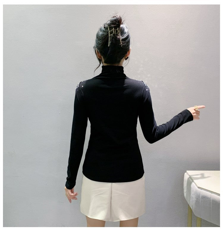 2025 European Station Long Sleeve Women Tees Autumn Winter New Stand collar Hot Diamond T Shirt Fashion Slim Mesh Tops