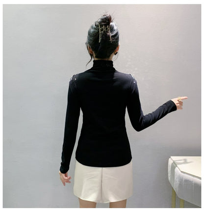 2025 European Station Long Sleeve Women Tees Autumn Winter New Stand collar Hot Diamond T Shirt Fashion Slim Mesh Tops