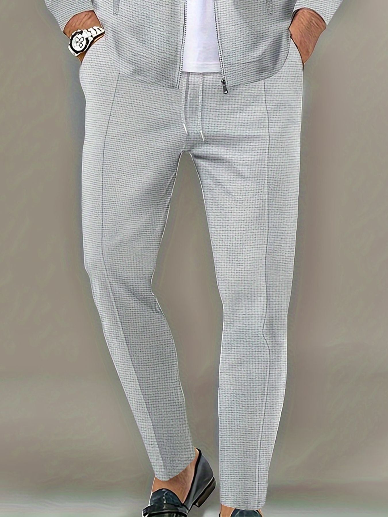 Calça Masculina Casual de Waffle de Cintura Média Calça Leve e Elegante Adequada para Todas as Estações
