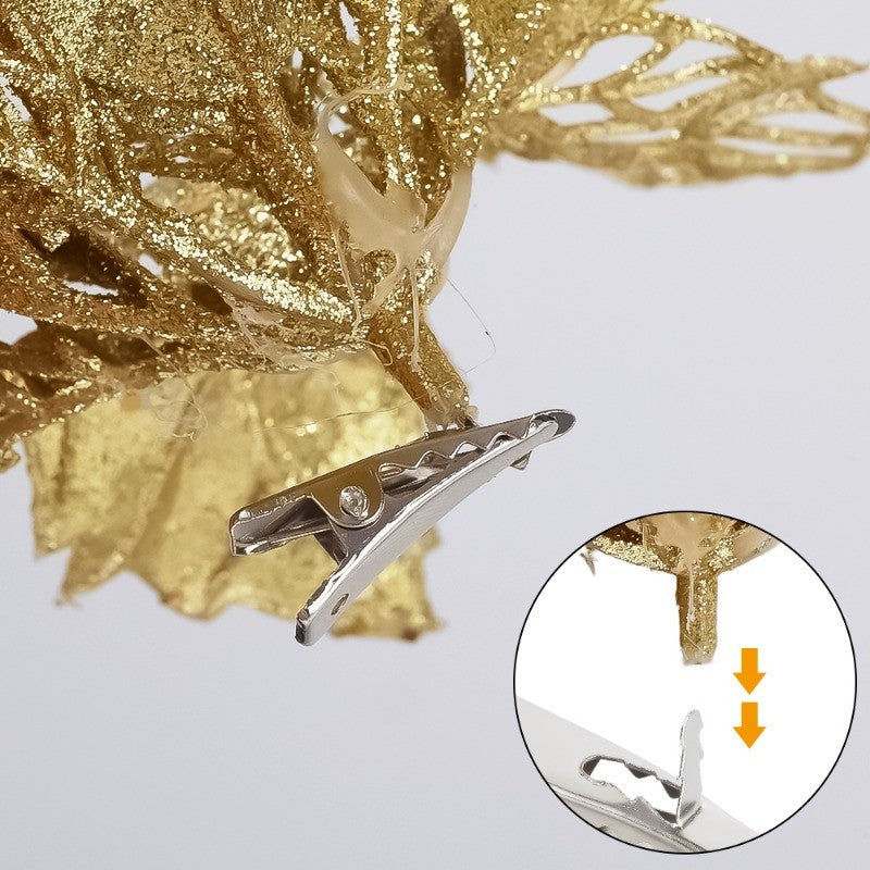 10PCS Glitter Artificial Christmas Flowers for Xmas Tree Ornament Fake Flower Floral with Clips New Year Party Home Decoration