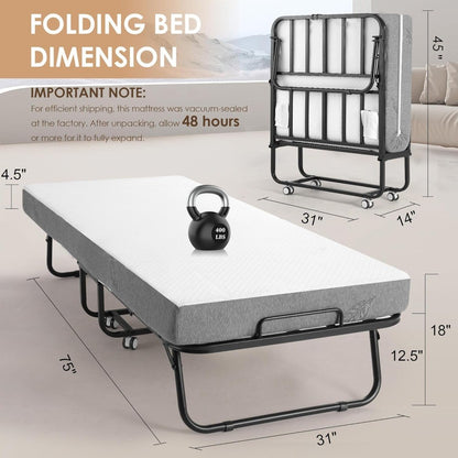 Folding Bed with Memory Foam Mattress, Portable Rollaway Guest Beds on Wheels, 75x31 Twin Size Space-Saving Cot-Size Bed for Adu