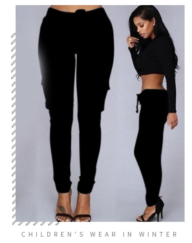 Women Slim Fit Pencil Pants Multi Pocket Drawstring Tie Waist Casual Trousers with Belt