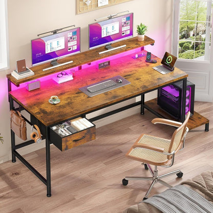 Mesa de Escritório de 99,8 cm com Tomada Embutida e Gaveta para Pequenos Espaços, Mesa Gamer com Suporte de CPU e Luzes LED Ergonômica