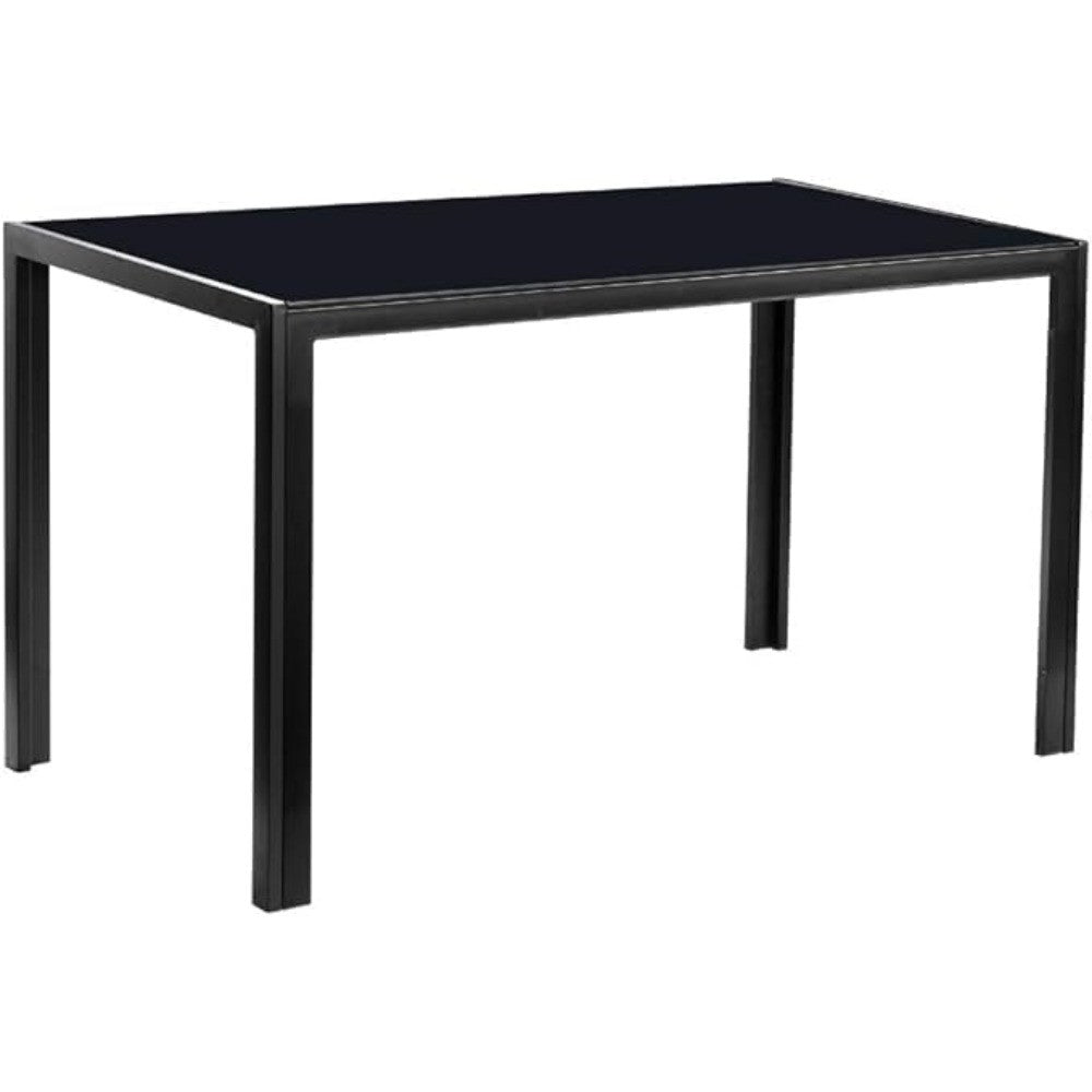 Modern Rectangular Dining Table with Black Glass Top, Steel Frame, Seats 4, Easy to Clean, Ideal for Kitchen Use