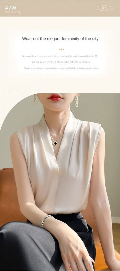 Womens Tops Blouses Solid Color White Satin Blouse Office Shirt Blusas Sleeveless Women Shirts Black White Female YTM A31
