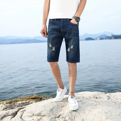 New Summer Men's Personalized Washable Perforated Denim Short Pants Male Casual Straight Short Jeans