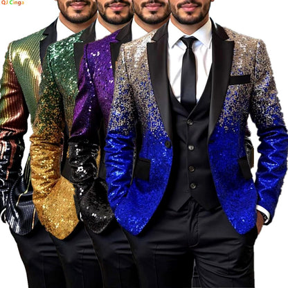 Shiny Sequin Tuxedo Jacket for Men - Royal Blue & Gold Gradient, Black Lapel, Formal Party/Wedding/Stage Wear? Coat.