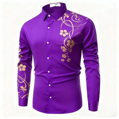 2025 Luxury Gold Flower European and American Popular Printed Long Sleeve Shirt for Luxury Parties Wearing Button Up Top