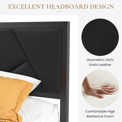 Estrutura de Cama Queen Size de Metal com Cabeceira Estofada em Couro, Design Geométrico Linear, Suporte Robusto de Estrados de Metal