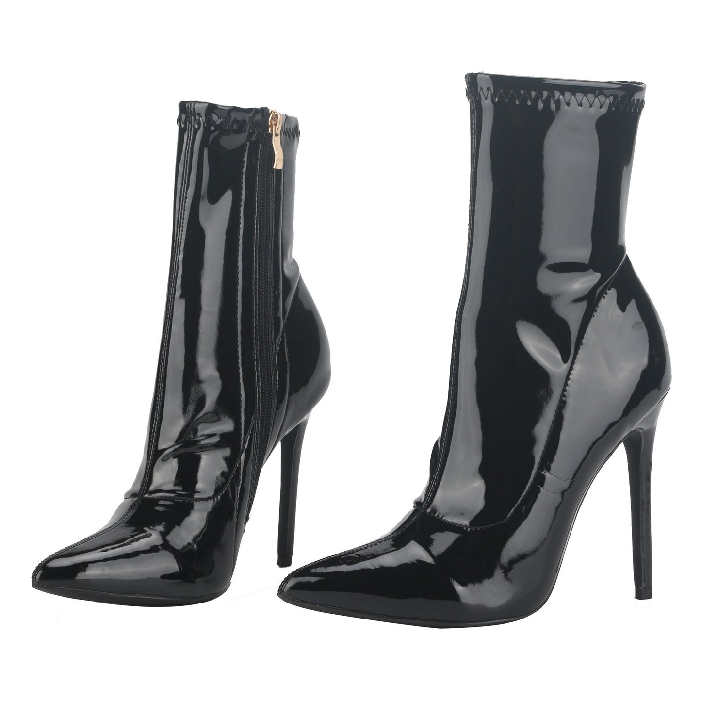 10CM 12cm Black Patent Leather Pointed Toe Women Middle Boots Stiletto High Heel-ed Zipped Mid-calf Boots Bright Polished Shoes