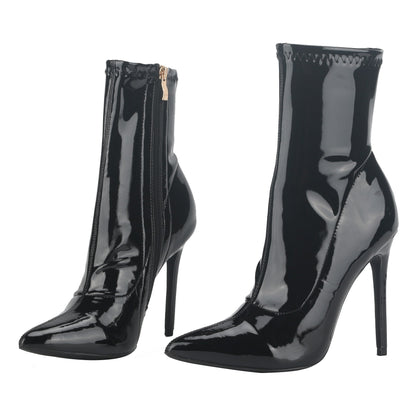 10CM 12cm Black Patent Leather Pointed Toe Women Middle Boots Stiletto High Heel-ed Zipped Mid-calf Boots Bright Polished Shoes