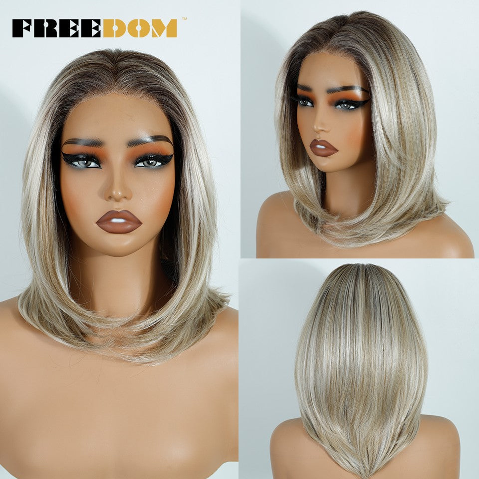 FREEDOM Perucas Sintéticas Front Lace para Mulheres 13x4 Pré-arrancadas Prontas Para Usar Peruca Curta Bob Com Franja Pré-cortada Ombre Blonde Lace Wigs