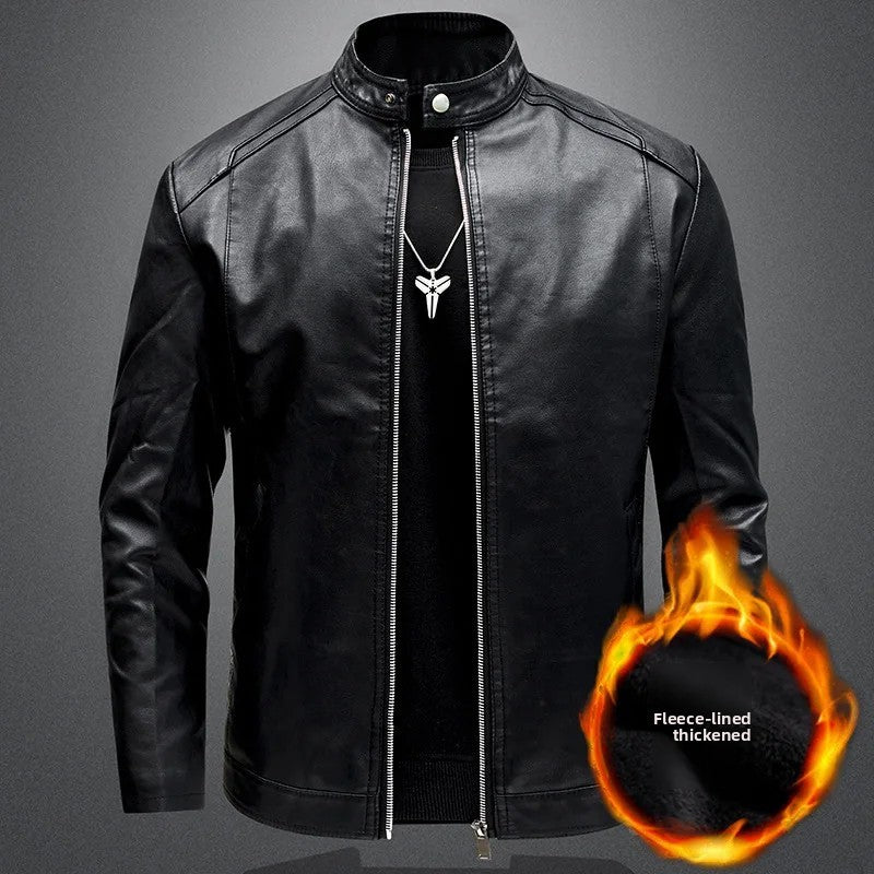 Men's Biker Leather Jacket Autumn Winter Thickened Fleece Casual Versatile Slim Fit Large Size PU Leather Coat