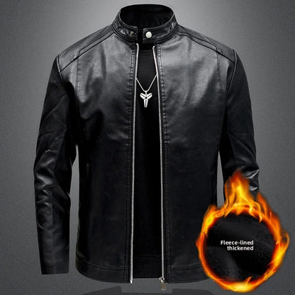 Men's Biker Leather Jacket Autumn Winter Thickened Fleece Casual Versatile Slim Fit Large Size PU Leather Coat
