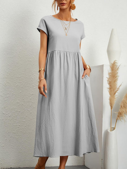 Women Vintage Solid Dress 2023 Summer Elegant O Neck Short Sleeve Cotton Linen D