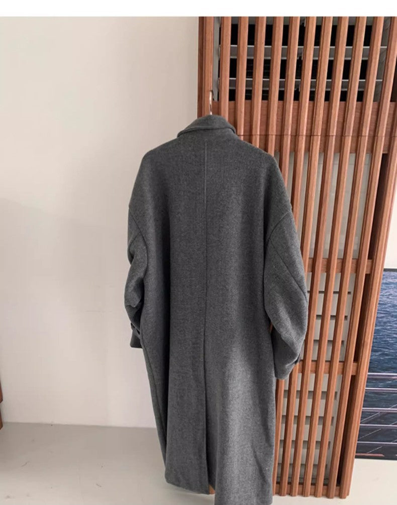 Mauroicardi Autumn Winter Long Warm Grey Black Slouchy Woolen Coat Men Single Breasted Loose Casual Wool Blends Overcoat 2023