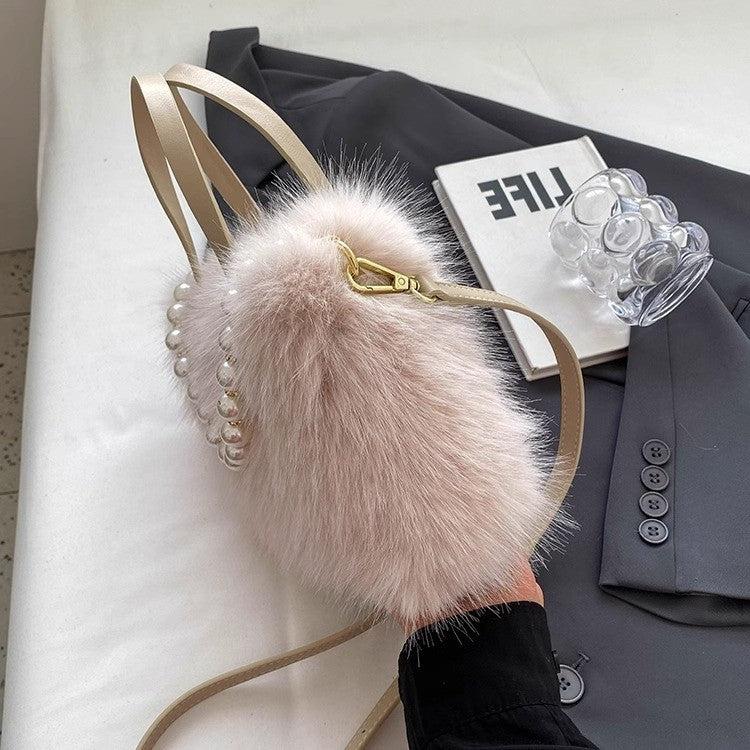 Winter Fashion Faux Fur Crossbody Bags for Women's Gift, Pearl Chain Decor Shoulder Bag, Ladies Handbags Top-handel Bag