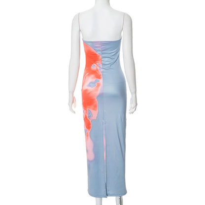 Sexy Strapless Print Tube Maxi Dress Women Off Shoulder Backless Stretch Long Su