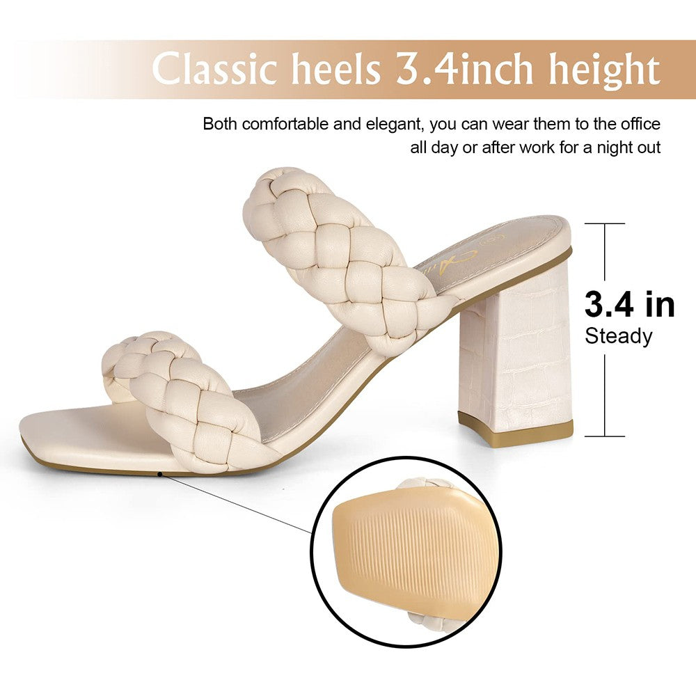 Elegant Women's Braided Heels Sandalias Fashion Strappy Square Sandals Open Toe Backless Mules Slip On Block Heeled Shoes