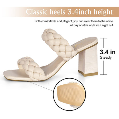 Elegant Women's Braided Heels Sandalias Fashion Strappy Square Sandals Open Toe Backless Mules Slip On Block Heeled Shoes