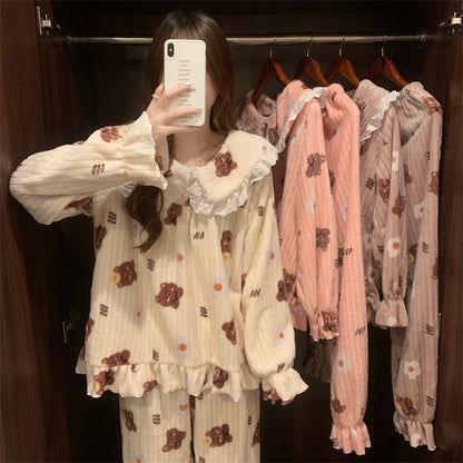 Warm Sleepwear Small Bear Peach Coral Velvet Two-Piece Set Women Pajamas Autumn and Winter Thickening Home Wear School Sleepwear