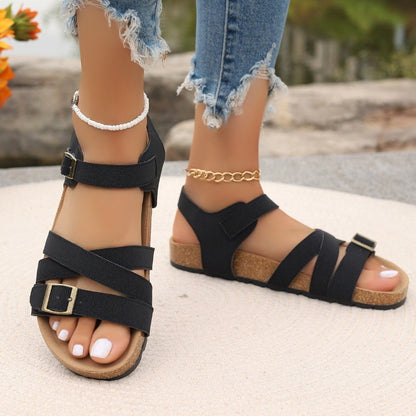 2025 Hot selling Retro Buckle Strap Cork Sandals Women Summer Cross Strap Flat Sandals Woman Comfortable Non Slip Shoes