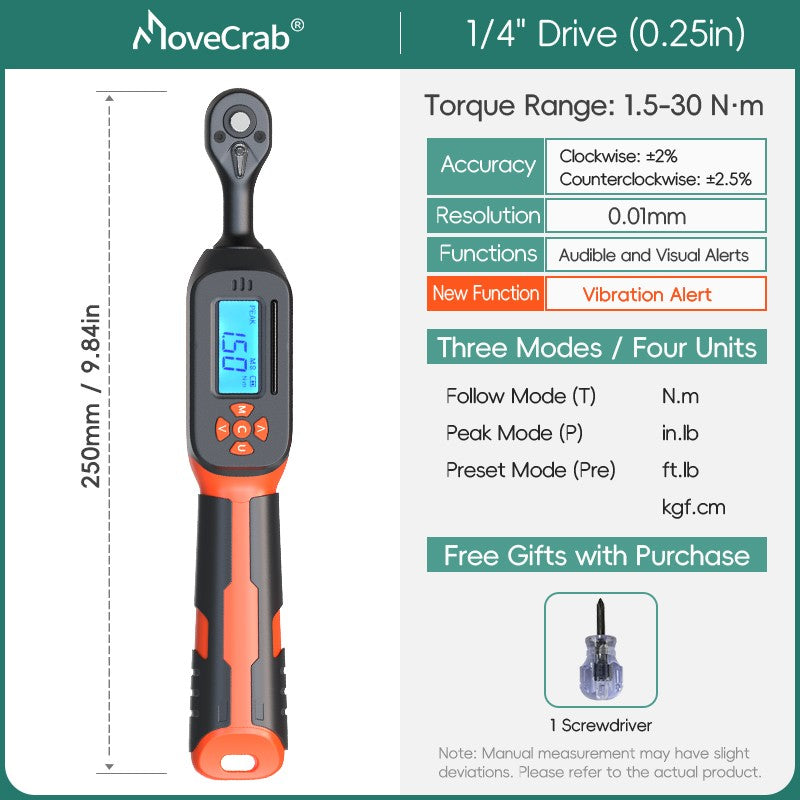 Chave de Torque Digital MOVECRAB 1.5-340 N.m com Valores Predefinidos, Precisão de 2%, Buzzer e Notificação por Flash LED