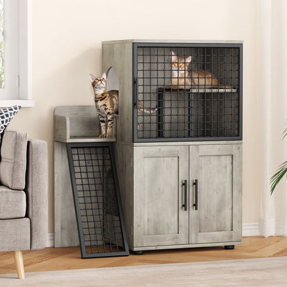Caixa de Areia para Gatos Oculta com Plataforma, Móvel para Gatos de Camada Dupla, Móvel para Banheiro de Gatos, Casinha de Gatos com Escada