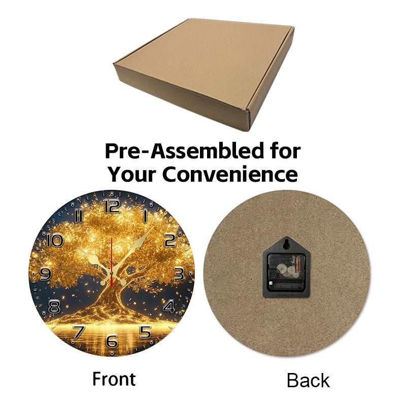 Golden Life Tree Wooden Round Silent Hanging Wall Clock, Suitable For Living Room, Office, Study Room, Bedroom, Home Decoration