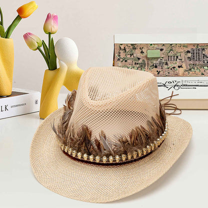 Vintage Style Women Men Feather Hat Elegant Mesh Wide Brim Sun Hat for Casual Party and Outdoor Events