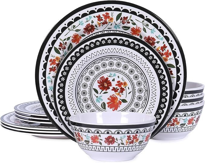 Durable 12-Piece Melamine Dinnerware Set, Ideal for Indoor and Outdoor Dining, Dishwasher Safe, Lightweight Dinnerware