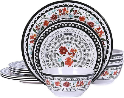 Durable 12-Piece Melamine Dinnerware Set, Ideal for Indoor and Outdoor Dining, Dishwasher Safe, Lightweight Dinnerware