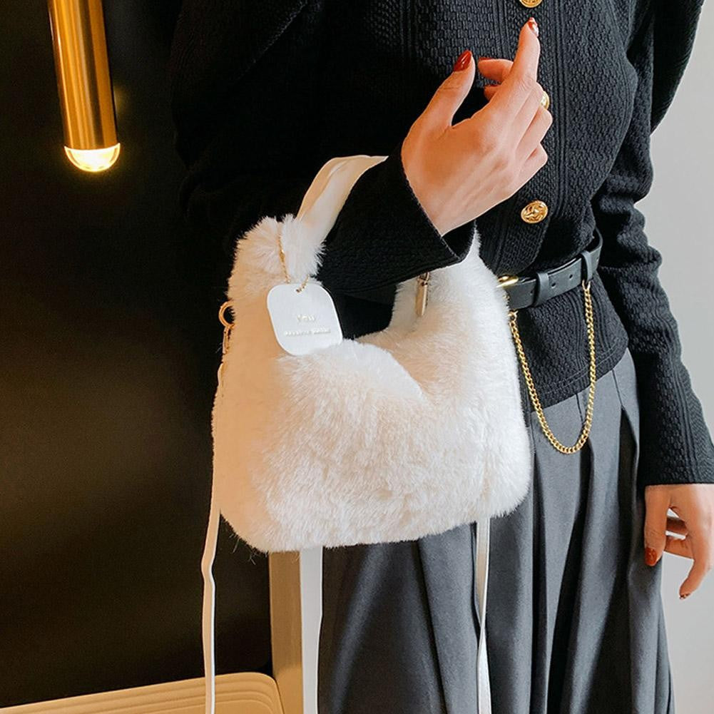 New Winter Plush Handbag Small Half Moon Crossbody Bag Simple Elegant Cute Ladies Shoulder Bag