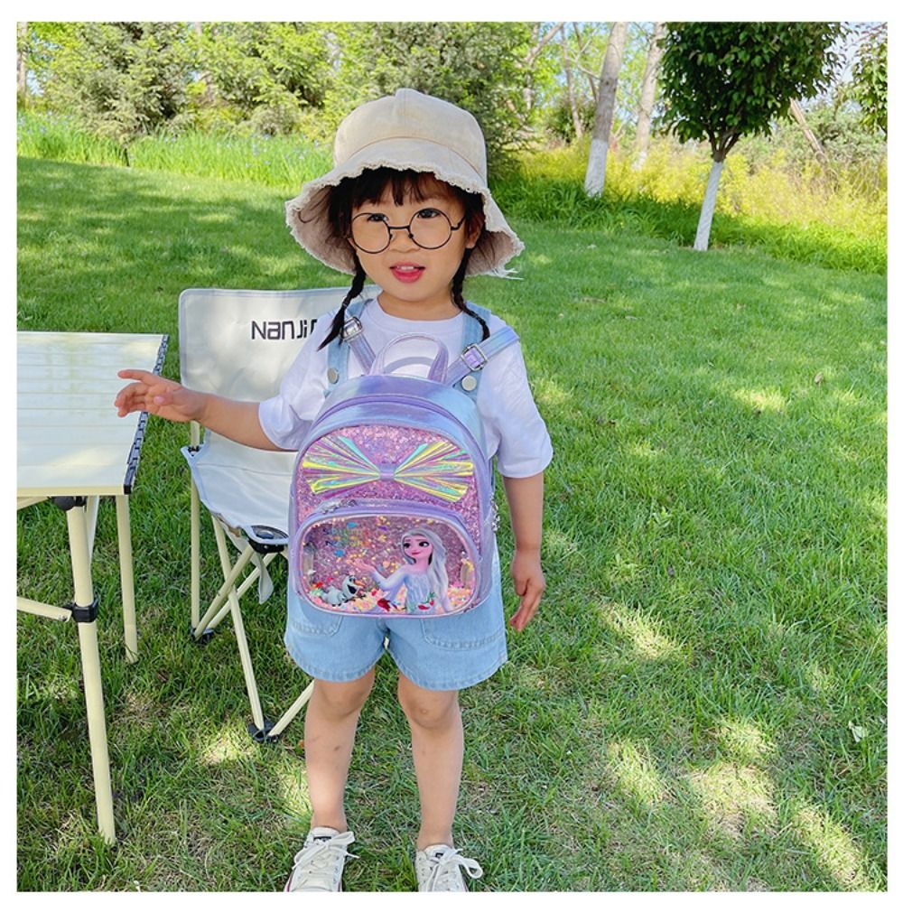 Mochila Mini de Glitter Princesa Elsa de Frozen da Disney, Linda com Laço de Lantejoulas, Bolsa Escolar de Jardim de Infância para Meninas, Desenho Animado Infantil, Mochila de Ombro Duplo