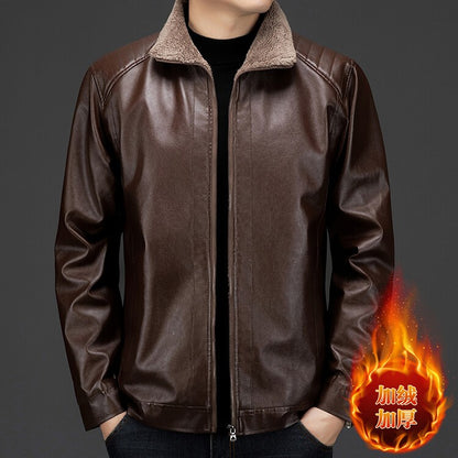 Men's Autumn and Winter Long Sleeved Leather Jacket with Fleece Collar for Warmth and Fashion Leather Jacket Men