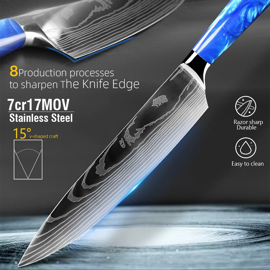 Faca de Cozinha Japonesa Chef 1-10 Peças Conjunto 7CR17 Aço Inoxidável 440C Desenho Damasco Cutelo de Carne Fatiador Santoku Ferramentas de Cozinha