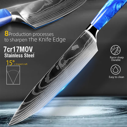 Faca de Cozinha Japonesa Chef 1-10 Peças Conjunto 7CR17 Aço Inoxidável 440C Desenho Damasco Cutelo de Carne Fatiador Santoku Ferramentas de Cozinha