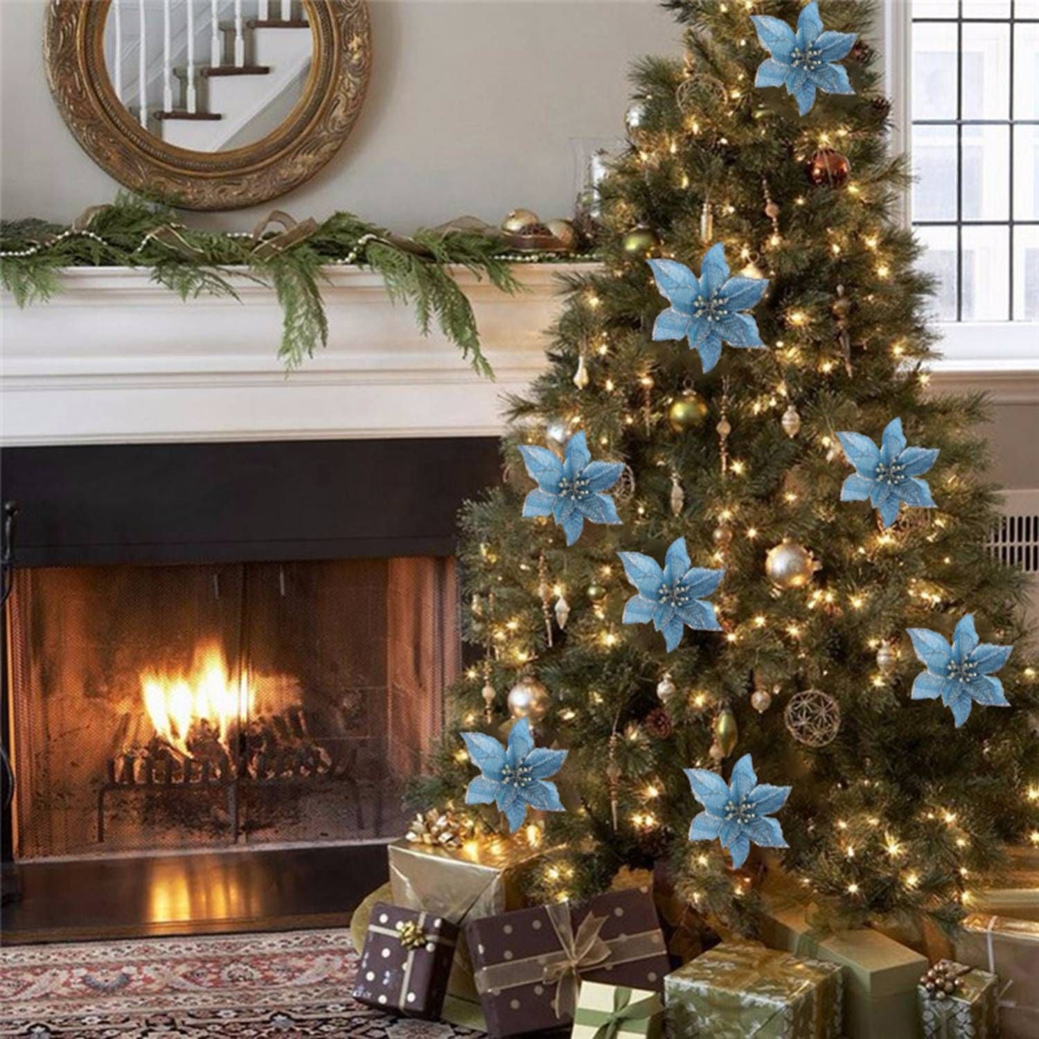 Christmas Glitter 20Pcs Christmas Tree Ornament Artificial Wedding Christmas Flowers Wreaths Wedding Ornaments (BLUE)